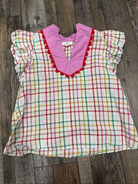 entro Pink and Red Trim Multicolor Plaid Flutter Sleeve Top